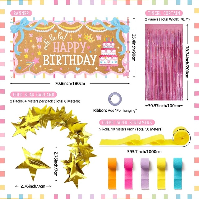 Alt view image 2 of 7 - Fancy Pink Party Decorations Ooh La La Birthday Banner Set French Princess Cake Theme, Pastel Rainbow Streamers, Pink Foil Fringe Curtain Backdrop Kit, Star Garland