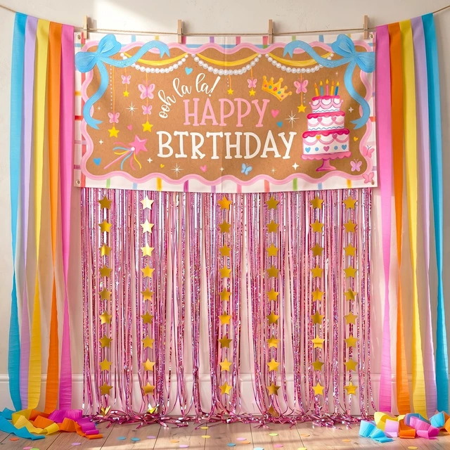 Main image of Fancy Pink Party Decorations Ooh La La Birthday Banner Set French Princess Cake Theme, Pastel Rainbow Streamers, Pink Foil Fringe Curtain Backdrop Kit, Star Garland