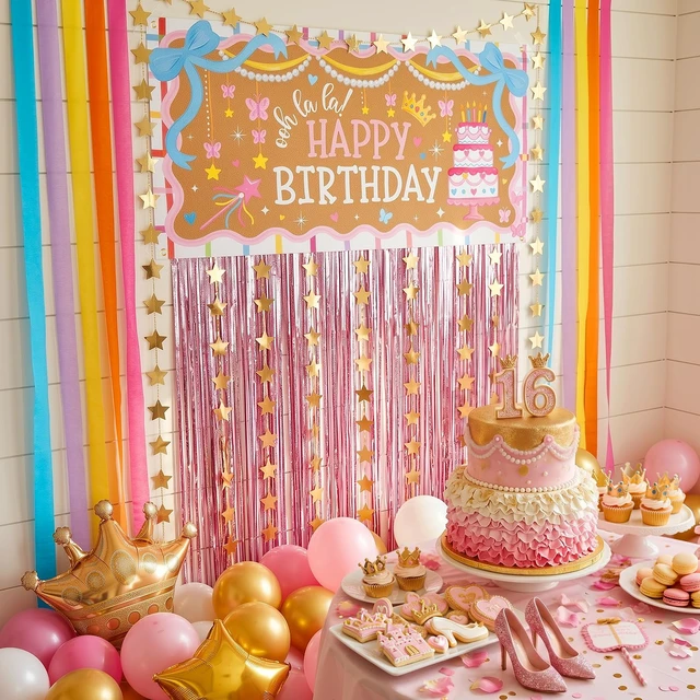 Alt view image 3 of 7 - Fancy Pink Party Decorations Ooh La La Birthday Banner Set French Princess Cake Theme, Pastel Rainbow Streamers, Pink Foil Fringe Curtain Backdrop Kit, Star Garland