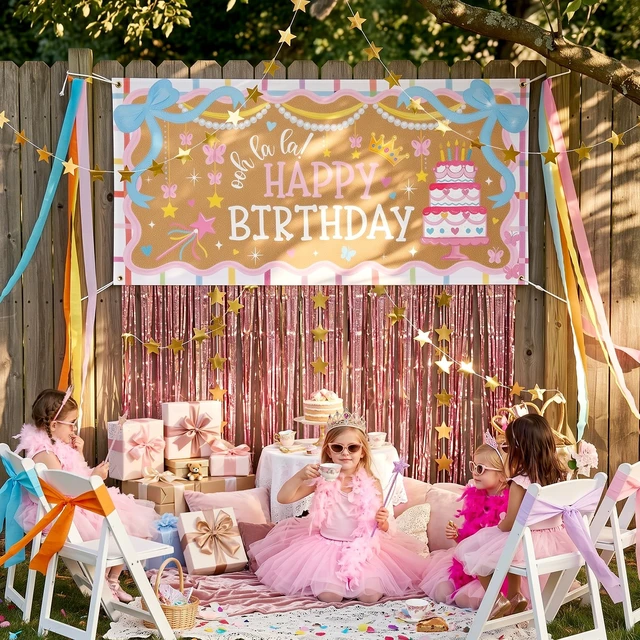 Alt view image 4 of 7 - Fancy Pink Party Decorations Ooh La La Birthday Banner Set French Princess Cake Theme, Pastel Rainbow Streamers, Pink Foil Fringe Curtain Backdrop Kit, Star Garland