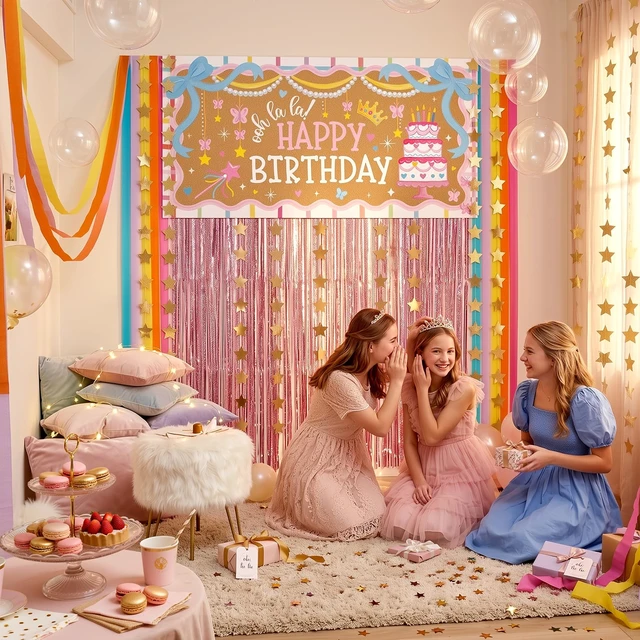Alt view image 5 of 7 - Fancy Pink Party Decorations Ooh La La Birthday Banner Set French Princess Cake Theme, Pastel Rainbow Streamers, Pink Foil Fringe Curtain Backdrop Kit, Star Garland