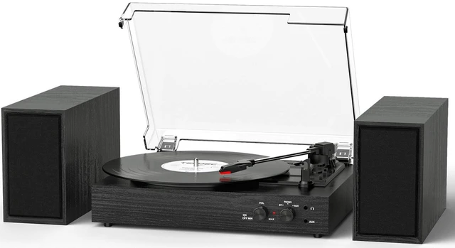 Main image of Vinyl Record Player with External Speakers, Vintage 3-Speed Turntable with Dual Speakers, Bluetooth Music Playback, MP3 PC Encoding, AUX Input Headphone Jack and RCA Out, Black Wood