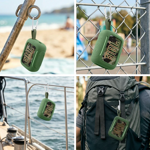 Alt view image 5 of 7 - for JBL Go 5 Waterproof Bluetooth Speaker Silicone Cover, Army Green Snug Fit, Portable Carabiner Clip, Shock Absorption, Drop Protection, Travel Lightweight Design, Protective Skin Case