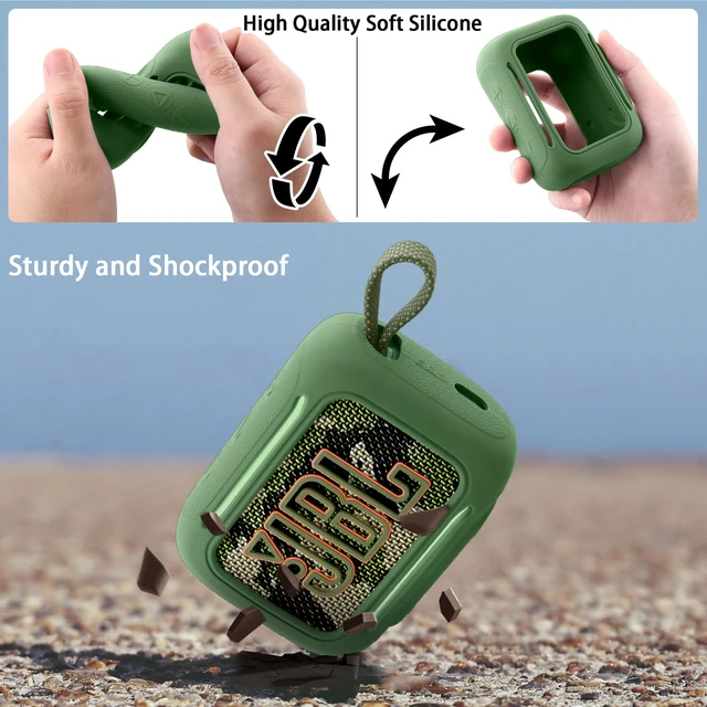 Alt view image 7 of 7 - for JBL Go 5 Waterproof Bluetooth Speaker Silicone Cover, Army Green Snug Fit, Portable Carabiner Clip, Shock Absorption, Drop Protection, Travel Lightweight Design, Protective Skin Case