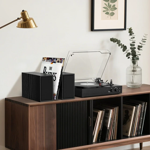 Alt view image 2 of 7 - Vinyl Record Player with External Speakers, Vintage 3-Speed Turntable with Dual Speakers, Bluetooth Music Playback, MP3 PC Encoding, AUX Input Headphone Jack and RCA Out, Black Wood