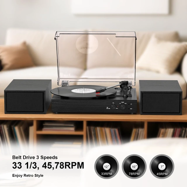 Alt view image 4 of 7 - Vinyl Record Player with External Speakers, Vintage 3-Speed Turntable with Dual Speakers, Bluetooth Music Playback, MP3 PC Encoding, AUX Input Headphone Jack and RCA Out, Black Wood