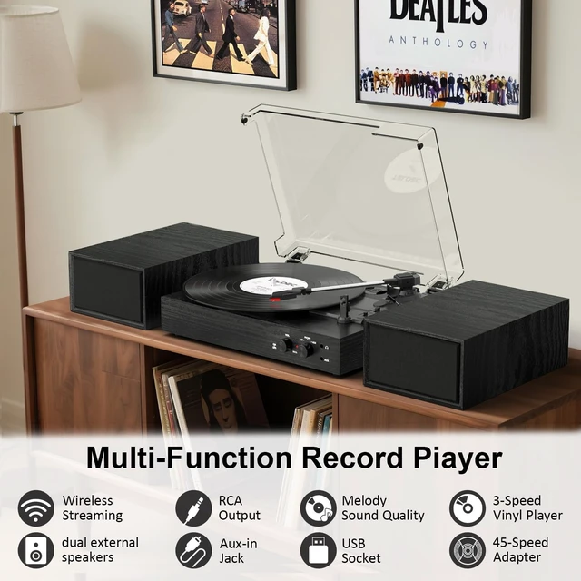 Alt view image 3 of 7 - Vinyl Record Player with External Speakers, Vintage 3-Speed Turntable with Dual Speakers, Bluetooth Music Playback, MP3 PC Encoding, AUX Input Headphone Jack and RCA Out, Black Wood