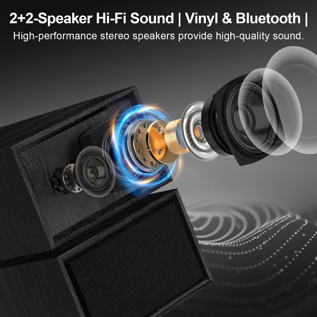 Alt view image 5 of 7 - Vinyl Record Player with External Speakers, Vintage 3-Speed Turntable with Dual Speakers, Bluetooth Music Playback, MP3 PC Encoding, AUX Input Headphone Jack and RCA Out, Black Wood