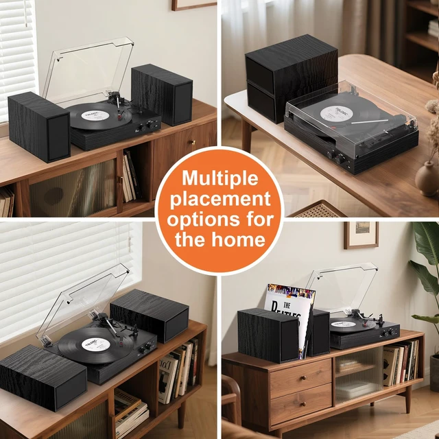 Alt view image 6 of 7 - Vinyl Record Player with External Speakers, Vintage 3-Speed Turntable with Dual Speakers, Bluetooth Music Playback, MP3 PC Encoding, AUX Input Headphone Jack and RCA Out, Black Wood