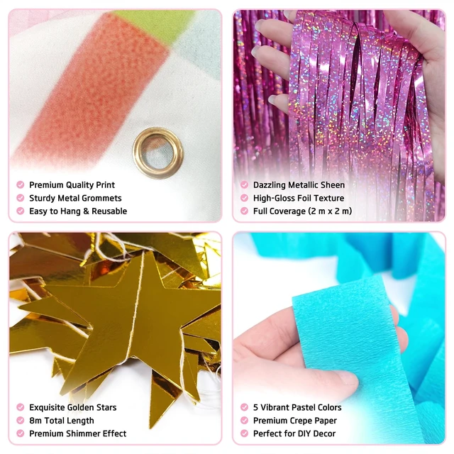Alt view image 6 of 7 - Fancy Pink Party Decorations Ooh La La Birthday Banner Set French Princess Cake Theme, Pastel Rainbow Streamers, Pink Foil Fringe Curtain Backdrop Kit, Star Garland