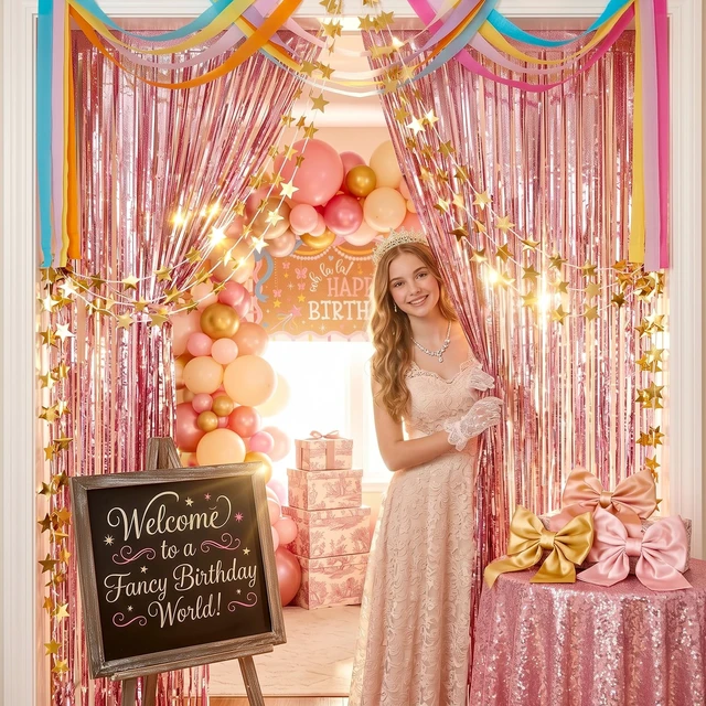 Alt view image 7 of 7 - Fancy Pink Party Decorations Ooh La La Birthday Banner Set French Princess Cake Theme, Pastel Rainbow Streamers, Pink Foil Fringe Curtain Backdrop Kit, Star Garland