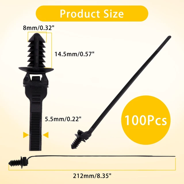 Alt view image 2 of 7 - 100 PCS Push Mount Zip Ties, 8.3 Inch Nylon Car Mount Wire Ties Snap in Cable Zip Ties, Black Push Mount Cable Ties Automotive Zip Ties Wire Harness Clips for Wire Tying (8.3" L x 0.2" W)