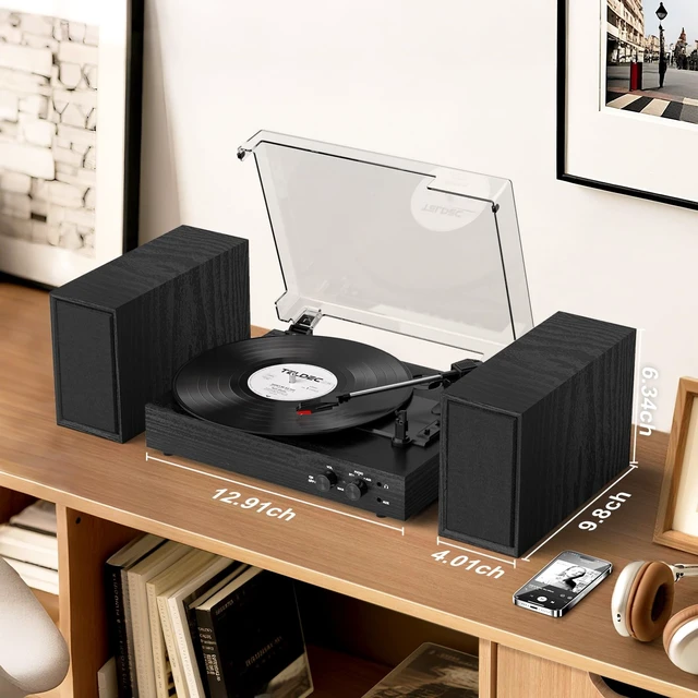 Alt view image 7 of 7 - Vinyl Record Player with External Speakers, Vintage 3-Speed Turntable with Dual Speakers, Bluetooth Music Playback, MP3 PC Encoding, AUX Input Headphone Jack and RCA Out, Black Wood