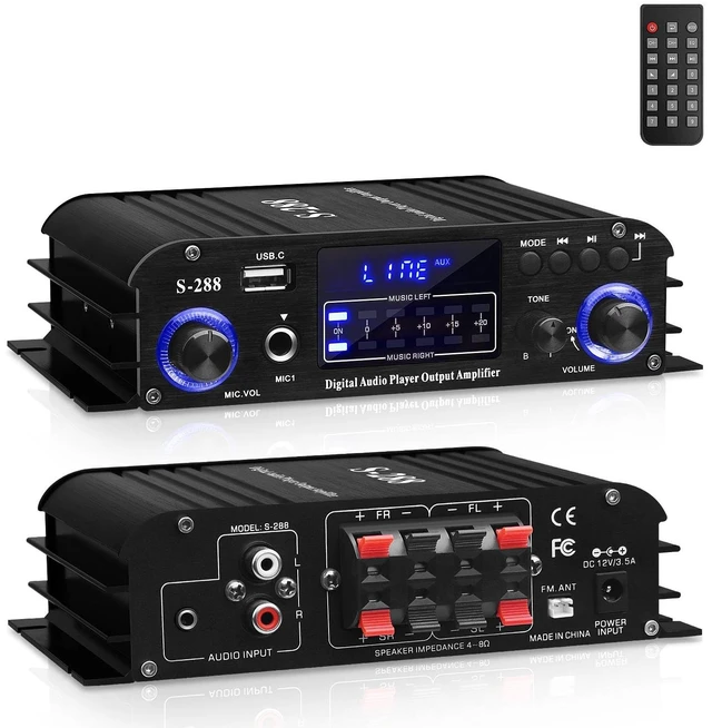 Main image of S-288 Bluetooth 5.0 4-Channel Amplifier, 40W x 4 4-channel home audio amp with USB, SD, AUX, RCA, FM and microphone inputs plus remote and 12V 5A adapter