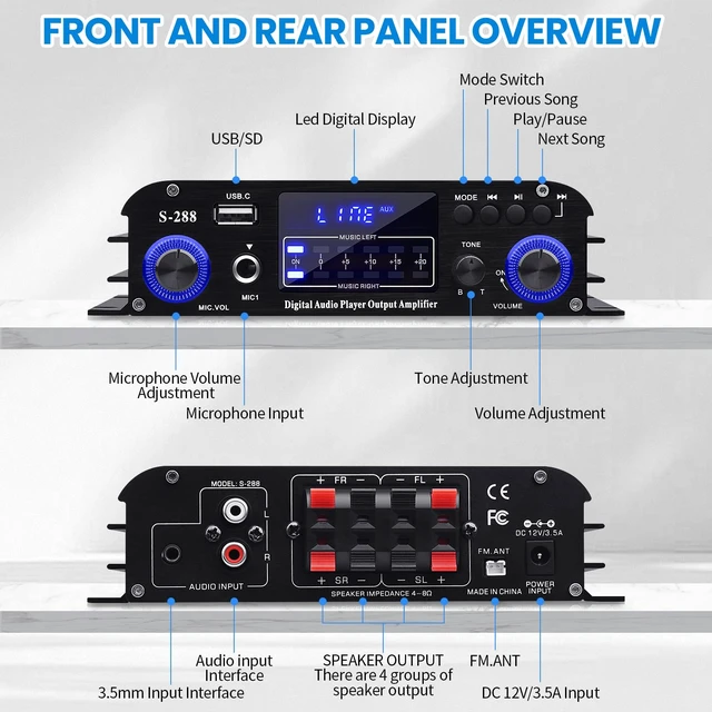 Alt view image 2 of 6 - S-288 Bluetooth 5.0 4-Channel Amplifier, 40W x 4 4-channel home audio amp with USB, SD, AUX, RCA, FM and microphone inputs plus remote and 12V 5A adapter