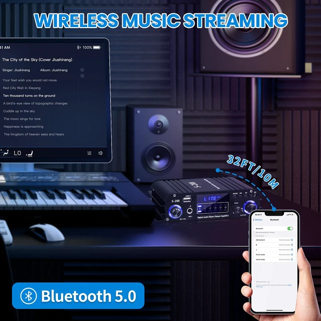 Alt view image 4 of 6 - S-288 Bluetooth 5.0 4-Channel Amplifier, 40W x 4 4-channel home audio amp with USB, SD, AUX, RCA, FM and microphone inputs plus remote and 12V 5A adapter