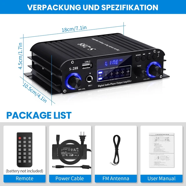 Alt view image 6 of 6 - S-288 Bluetooth 5.0 4-Channel Amplifier, 40W x 4 4-channel home audio amp with USB, SD, AUX, RCA, FM and microphone inputs plus remote and 12V 5A adapter