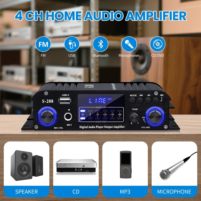 Alt view image 3 of 6 - S-288 Bluetooth 5.0 4-Channel Amplifier, 40W x 4 4-channel home audio amp with USB, SD, AUX, RCA, FM and microphone inputs plus remote and 12V 5A adapter