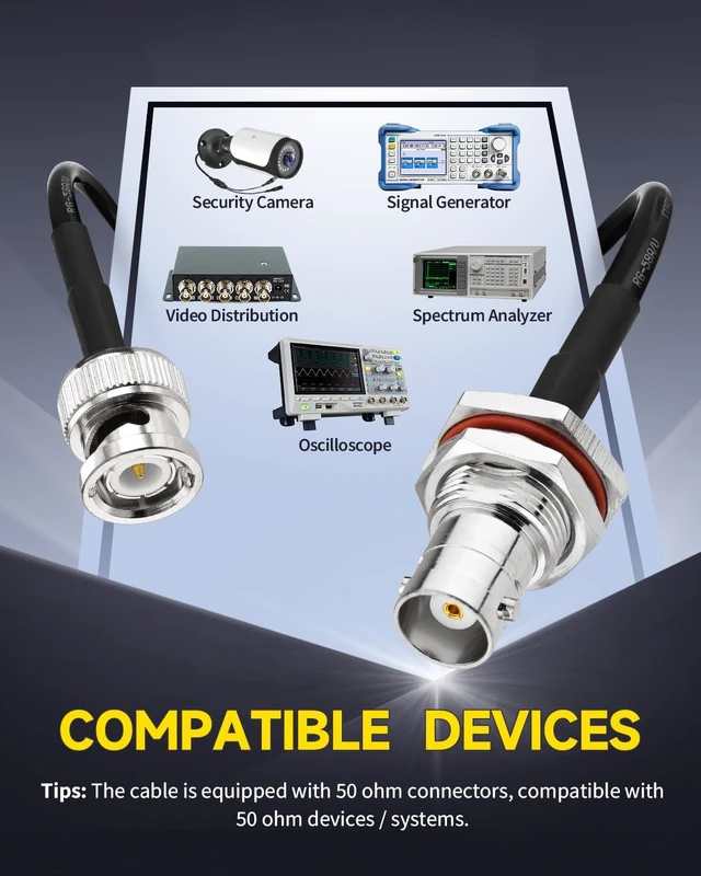Alt view image 2 of 7 - RG58 BNC Male to Female Bulkhead Coaxial Cable 50ft 50 ohm Low Loss BNC Extension Cable for Wireless Microphone Antenna UHF/VHF Ham Radio Tuner CCTV Amateur Radio etc