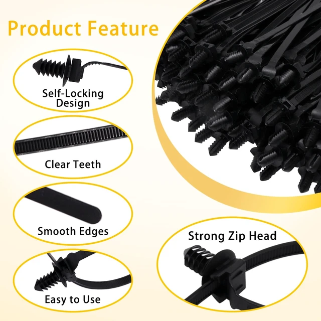 Alt view image 3 of 7 - 100 PCS Push Mount Zip Ties, 8.3 Inch Nylon Car Mount Wire Ties Snap in Cable Zip Ties, Black Push Mount Cable Ties Automotive Zip Ties Wire Harness Clips for Wire Tying (8.3" L x 0.2" W)