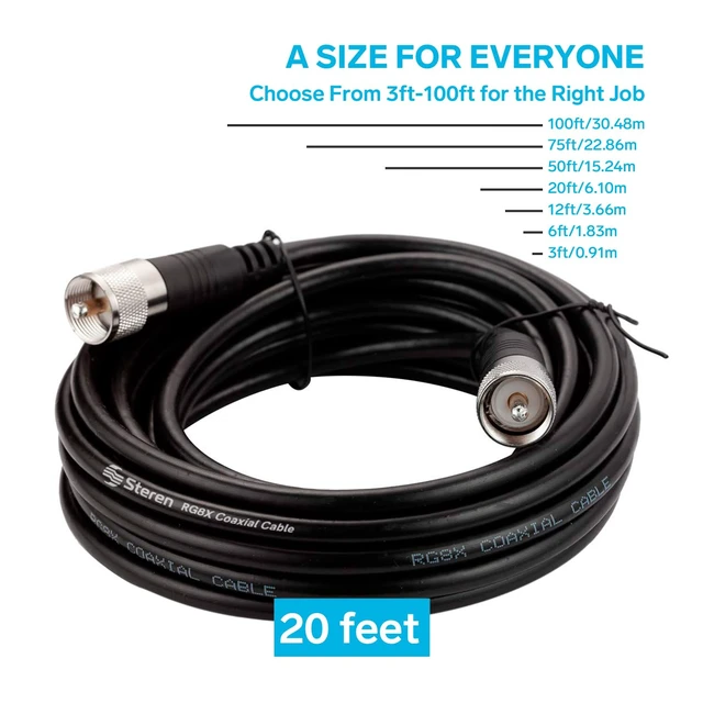 Alt view image 3 of 7 - RG8X Coaxial Cable 20 ft, CB Coax Cable with PL259 UHF Connectors, Male to Male Low Loss 50 Ohm for HAM Radio, LMR400, Antenna Analyzer