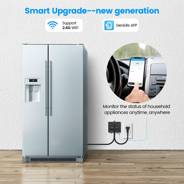 Alt view image 2 of 7 - Wi-Fi Smart Power Failure Alarm with Surge Protector, Remotely Monitor and Control Your Refrigerator Via App, Ensuring The Safety of Refrigerator and Food Stored Inside, Black