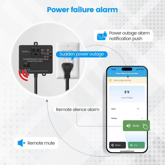 Alt view image 5 of 7 - Wi-Fi Smart Power Failure Alarm with Surge Protector, Remotely Monitor and Control Your Refrigerator Via App, Ensuring The Safety of Refrigerator and Food Stored Inside, Black