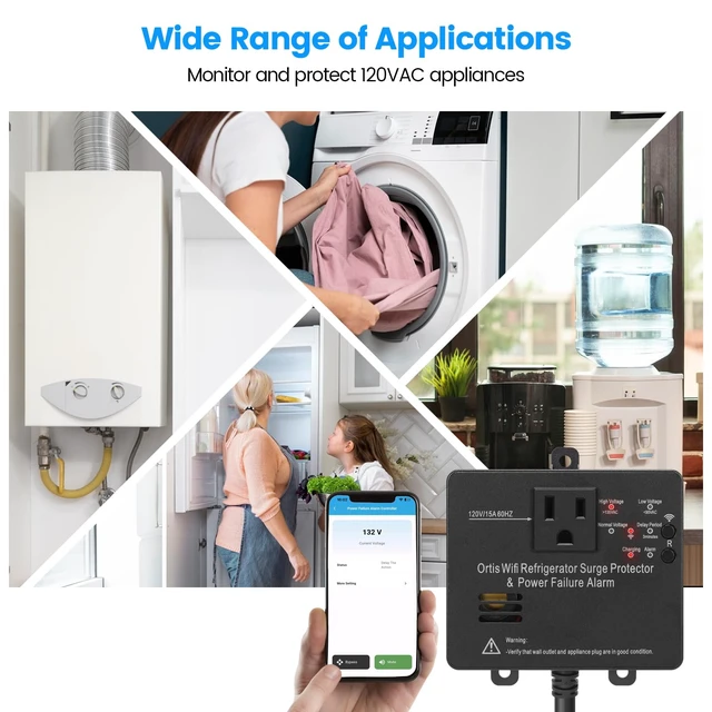 Alt view image 7 of 7 - Wi-Fi Smart Power Failure Alarm with Surge Protector, Remotely Monitor and Control Your Refrigerator Via App, Ensuring The Safety of Refrigerator and Food Stored Inside, Black