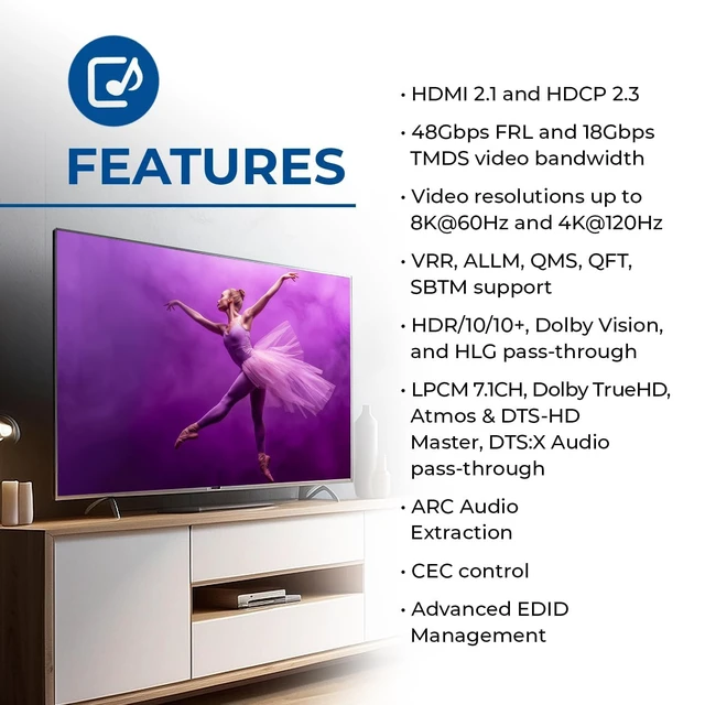 Alt view image 7 of 7 - 48Gbps HDMI eARC Audio Extractor Dolby Atmos DTS: X VRR ALLM HDCP 2.3 HDMI Audio Extractor 4K 120Hz, HDMI 2.1 eARC Audio Extractor, Dolby Vision, HDR10, HDCP 2.3, ARC Support