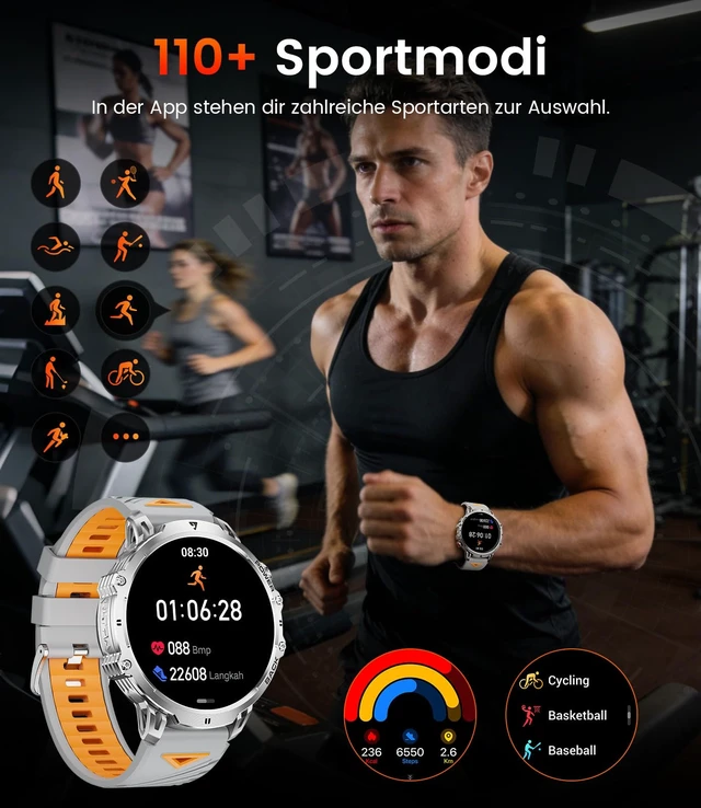 Alt view image 5 of 7 - Smart Watches for Men, 1.85" HD, 1000mAh, IP68, 110+Sports, Silver Military Zinc-Alloy Case, 40-Day Standby, HD Display, Bluetooth Call, 24/7 SPO2/Heart Rate/Sleep Monitor, for Android/iOS