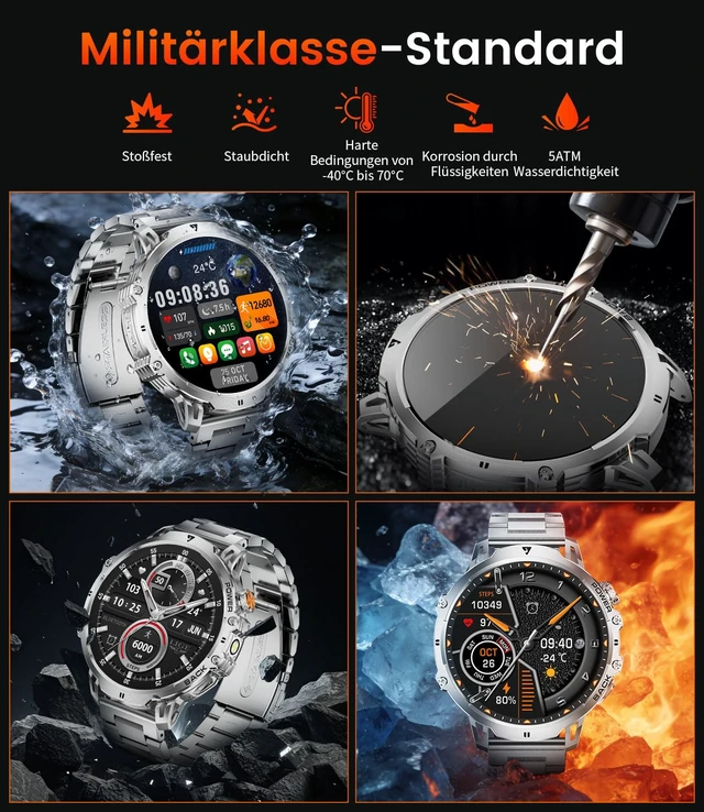 Alt view image 4 of 7 - Smart Watches for Men, 1.85" HD, 1000mAh, IP68, 110+Sports, Silver Military Zinc-Alloy Case, 40-Day Standby, HD Display, Bluetooth Call, 24/7 SPO2/Heart Rate/Sleep Monitor, for Android/iOS