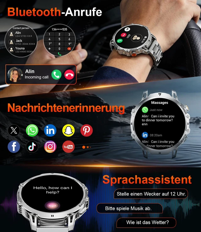 Alt view image 7 of 7 - Smart Watches for Men, 1.85" HD, 1000mAh, IP68, 110+Sports, Silver Military Zinc-Alloy Case, 40-Day Standby, HD Display, Bluetooth Call, 24/7 SPO2/Heart Rate/Sleep Monitor, for Android/iOS