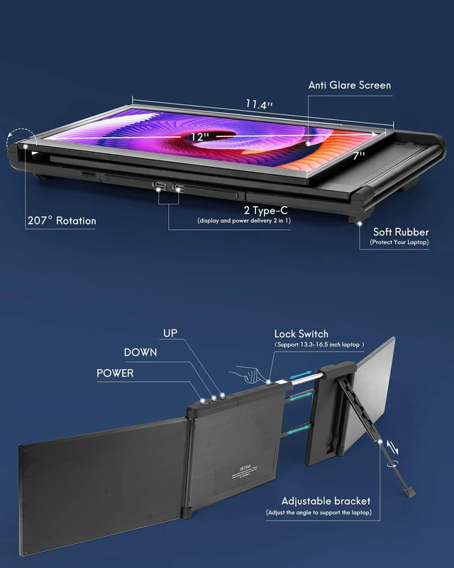 Alt view image 6 of 7 - Laptop Screen Extender 12" FHD 1080P Portable Monitor for 13-16.5" Laptop Type-C Plug-Play Triple Portable Monitor Dual Monitor Extender for Mac