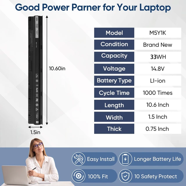 Alt view image 4 of 7 - M5Y1K 14.8V Replacement Laptop Battery for Dell Inspiron 14 15 17 5000 3000 Series 5559 5558 3451 3558 i3558 3565 3567 5451 5755 5756 5458 5759 5758 GXVJ3 WKRJ2 VN3N0 991XP P63F P47F P51F P52F