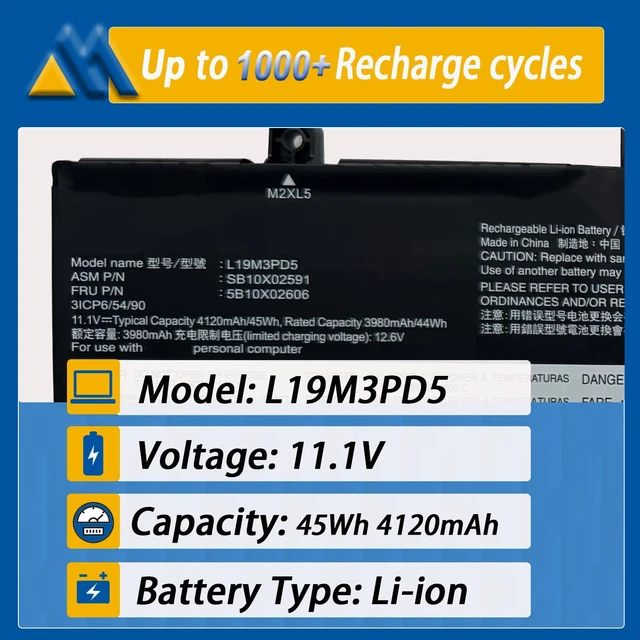 Alt view image 2 of 7 - 45Wh L19M3PD5 Laptop Battery Replacement for Lenovo Thinkpad E14 Gen 2 20T6 20TA E14 Gen 3 20Y7 20YD 20YE E15 Gen 2 20T8 20TD Gen 3 4 Series L19D3PD5 L19C3PD5 SB10X02597 L19C3PD5 11.1V 4120mAh