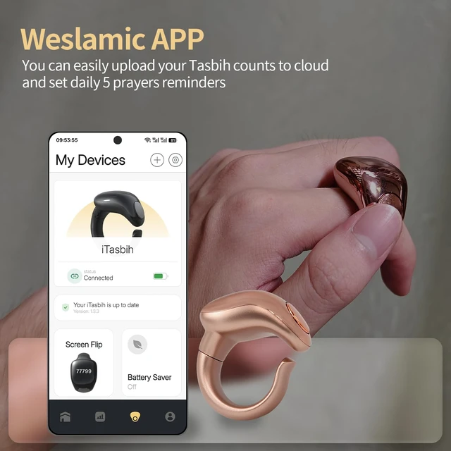 Alt view image 3 of 7 - Tasbeeh Counter, Tasbih Counter, Zikr Smart Ring, Adjustable Finger Ring Counter, Dhikr Counter, Prayer Direction Indicator, 5 Azan Alarm Clock, APP Support, Eid al-Fitr Gifts for Muslims(Rose Gold)