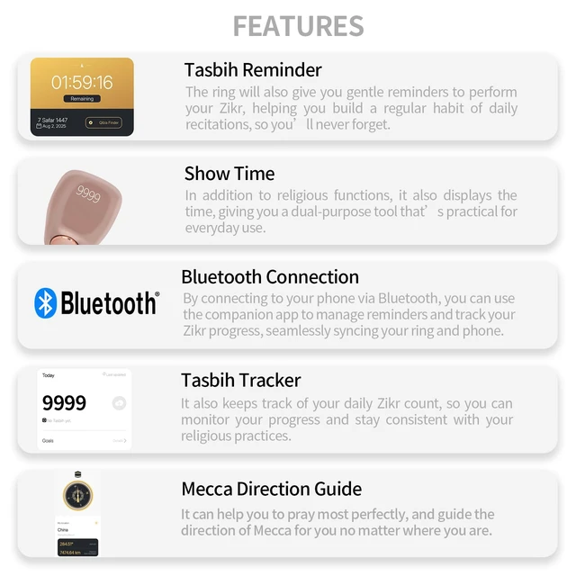 Alt view image 4 of 7 - Tasbeeh Counter, Tasbih Counter, Zikr Smart Ring, Adjustable Finger Ring Counter, Dhikr Counter, Prayer Direction Indicator, 5 Azan Alarm Clock, APP Support, Eid al-Fitr Gifts for Muslims(Rose Gold)
