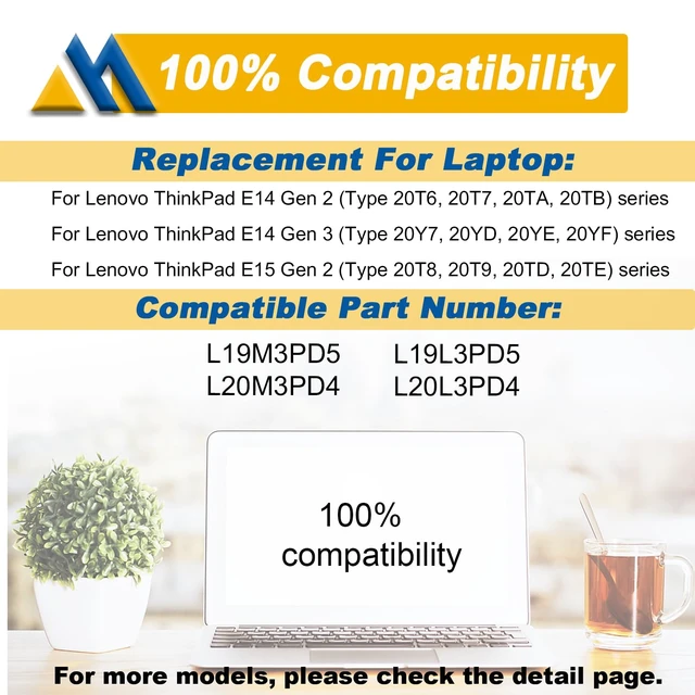 Alt view image 6 of 7 - 45Wh L19M3PD5 Laptop Battery Replacement for Lenovo Thinkpad E14 Gen 2 20T6 20TA E14 Gen 3 20Y7 20YD 20YE E15 Gen 2 20T8 20TD Gen 3 4 Series L19D3PD5 L19C3PD5 SB10X02597 L19C3PD5 11.1V 4120mAh