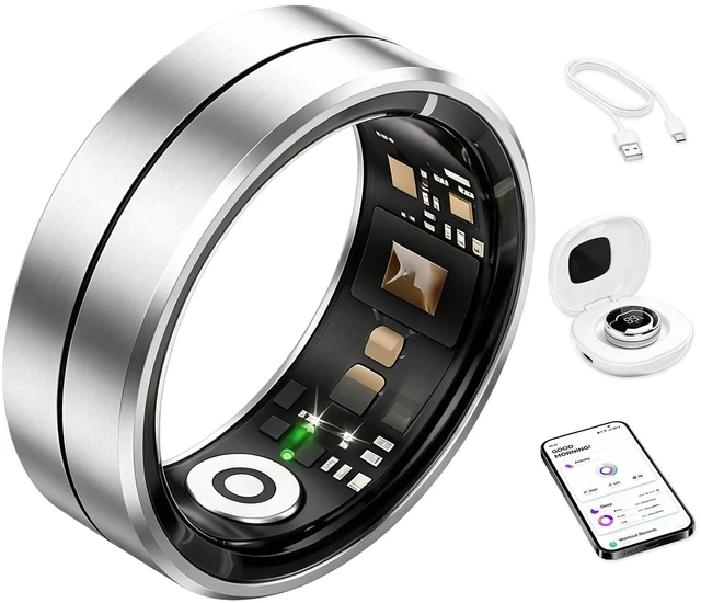 Main image of Smart Ring for Women Men, Health Tracker Ring with Charging Case, Sleep Fitness Activity Tracker, Heart Rate SpO2 HRV Stress Monitor, IP68 Waterproof, No Subscription, iOS Android, Silver 8
