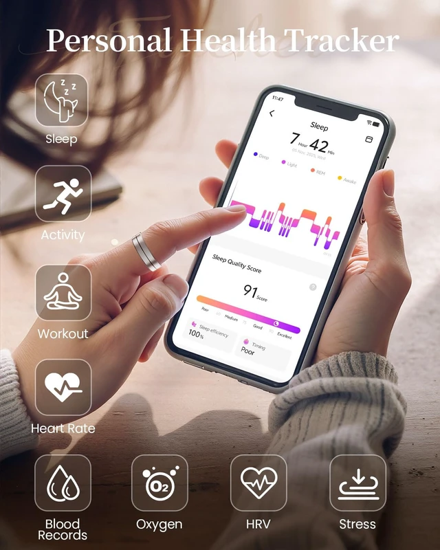 Alt view image 4 of 7 - Smart Ring for Women Men, Health Tracker Ring with Charging Case, Sleep Fitness Activity Tracker, Heart Rate SpO2 HRV Stress Monitor, IP68 Waterproof, No Subscription, iOS Android, Silver 8