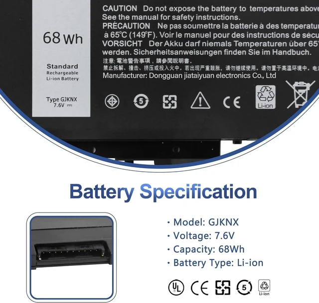 Alt view image 4 of 7 - 68Wh GJKNX Laptop Battery Replacement for Dell Latitude 5480 5580 5280 5288 5290 5488 5490 5491 5495 5590 5591 E5480 E5580 E5590 E5490 Precision 15 3520 3530 GD1JP DY9NT 0DY9NT 5YHR4 451-BBZG