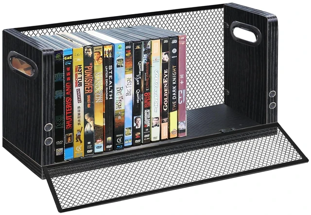 Main image of DVD Blu ray Storage Rack, DVD Shelf Holds Up To 28 DVD Cases, Stackable Wood & Metal DVD Tower with Magnetic Opening Door for Easy Access, Desktop Organizer for CDs, Video Game, VHS Tapes