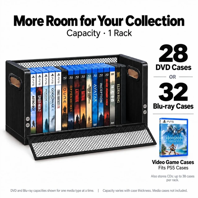 Alt view image 5 of 7 - DVD Blu ray Storage Rack, DVD Shelf Holds Up To 28 DVD Cases, Stackable Wood & Metal DVD Tower with Magnetic Opening Door for Easy Access, Desktop Organizer for CDs, Video Game, VHS Tapes