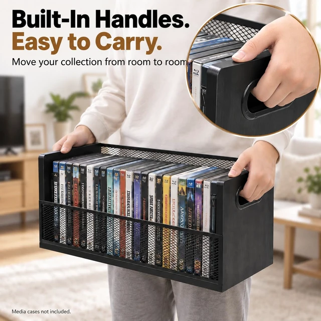 Alt view image 6 of 7 - DVD Blu ray Storage Rack, DVD Shelf Holds Up To 28 DVD Cases, Stackable Wood & Metal DVD Tower with Magnetic Opening Door for Easy Access, Desktop Organizer for CDs, Video Game, VHS Tapes