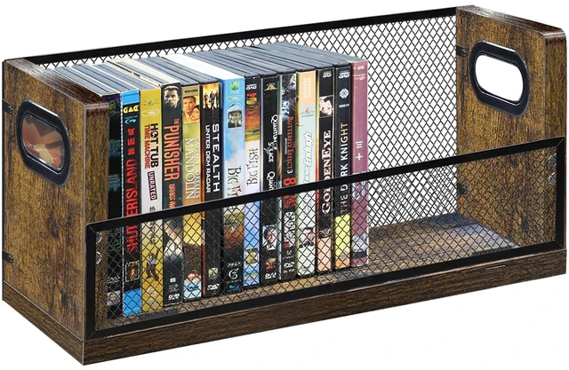 Main image of DVD CD Storage Rack, DVD Shelf Holds 28 DVD Cases, Stackable Wood & Metal DVD Tower with Magnetic Opening Door for Easy Access, Desktop Organizer for Blu ray, Video Game, VHS Tapes