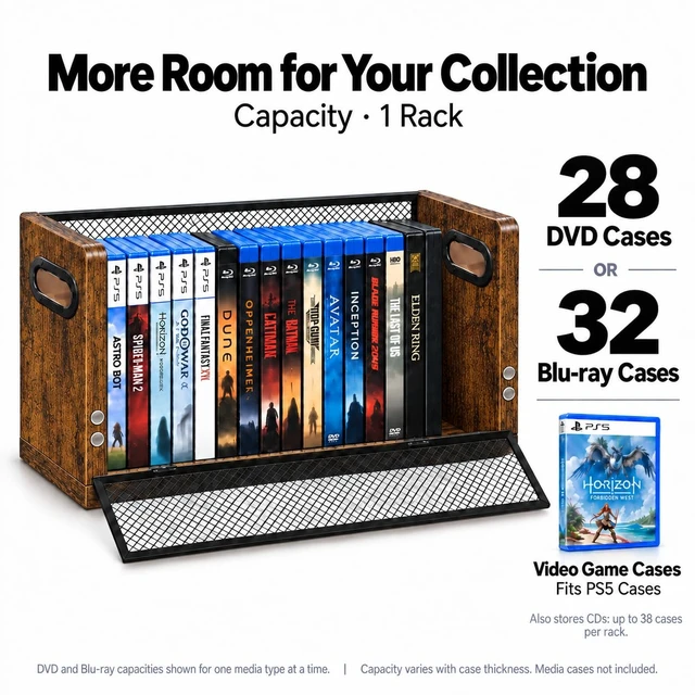 Alt view image 3 of 7 - DVD CD Storage Rack, DVD Shelf Holds 28 DVD Cases, Stackable Wood & Metal DVD Tower with Magnetic Opening Door for Easy Access, Desktop Organizer for Blu ray, Video Game, VHS Tapes