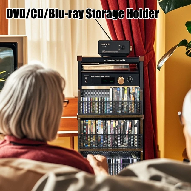 Alt view image 7 of 7 - DVD CD Storage Rack, DVD Shelf Holds 28 DVD Cases, Stackable Wood & Metal DVD Tower with Magnetic Opening Door for Easy Access, Desktop Organizer for Blu ray, Video Game, VHS Tapes