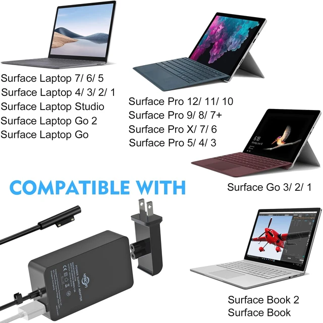 Alt view image 2 of 7 - 65W Surface Pro Laptop Charger for Microsoft Surface Pro 12 11 10 9 8 7+ X 7 6 5 4 3, Windows Surface Laptop 7 6 5 Studio 4 Go 3 2, Surface Go Tablet, Surface Book 2 1, Support 44W, 10FT, Travel Case