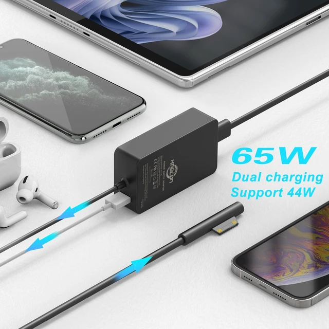 Alt view image 3 of 7 - 65W Surface Pro Laptop Charger for Microsoft Surface Pro 12 11 10 9 8 7+ X 7 6 5 4 3, Windows Surface Laptop 7 6 5 Studio 4 Go 3 2, Surface Go Tablet, Surface Book 2 1, Support 44W, 10FT, Travel Case