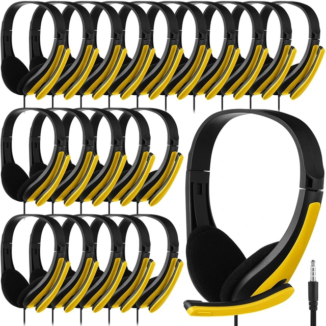Main image of 20 Pack Bulk Classroom Headphones with Mic Students, Yellow Wired with Microphone, School Library Computer Use, 3.5 mm Universal Plug, Laptops Computer Use, for Adults, Classroom Supply